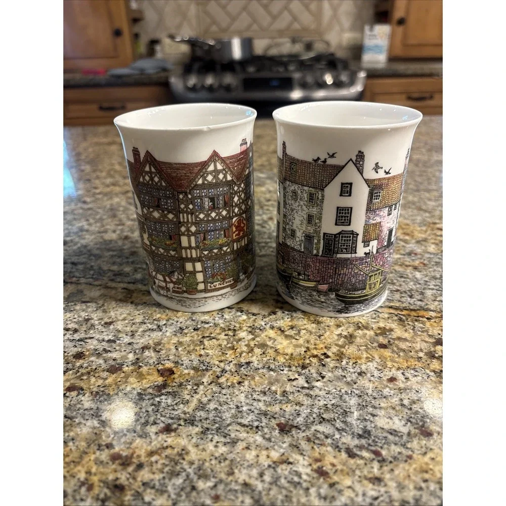 2 Dunoon Mugs English Cottages Sue Scullard Tea Cup Made England Fine Bone China